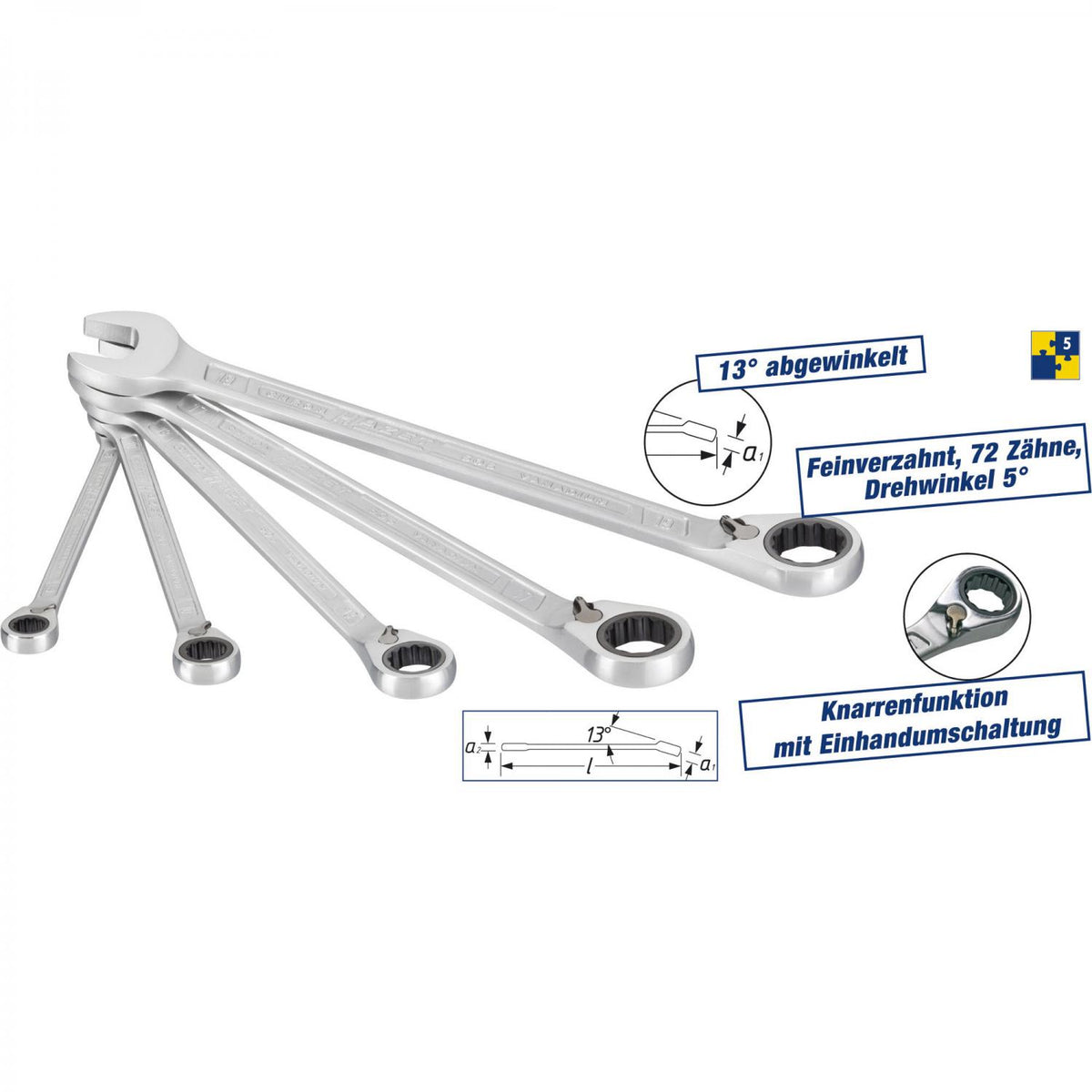 Hazet 606/5 5-piece Ratcheting Combination Wrench Set