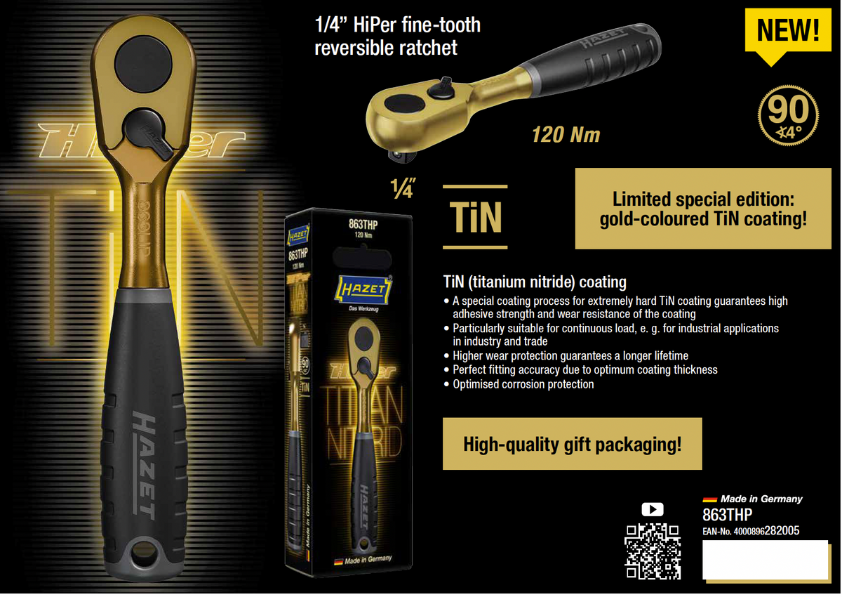 Hazet 863THP Golden TiN HiPer Reversible Ratchet 1/4" Drive